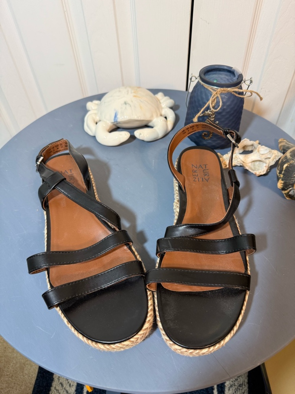 Naturalizer Black Leather Strappy Espadrille Sandals